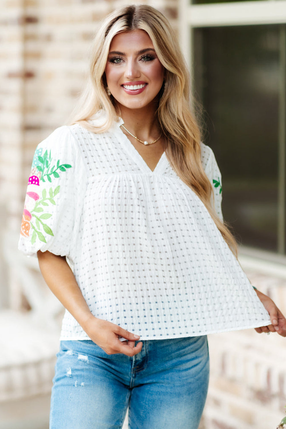 White Floral Embroidered Puff Sleeve Notched Neck Blouse Tops & Tees JT's Designer Fashion