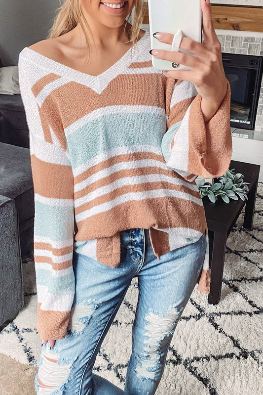 Multicolor Colorblock Stripe Long Sleeve Split Sweater Tops & Tees JT's Designer Fashion