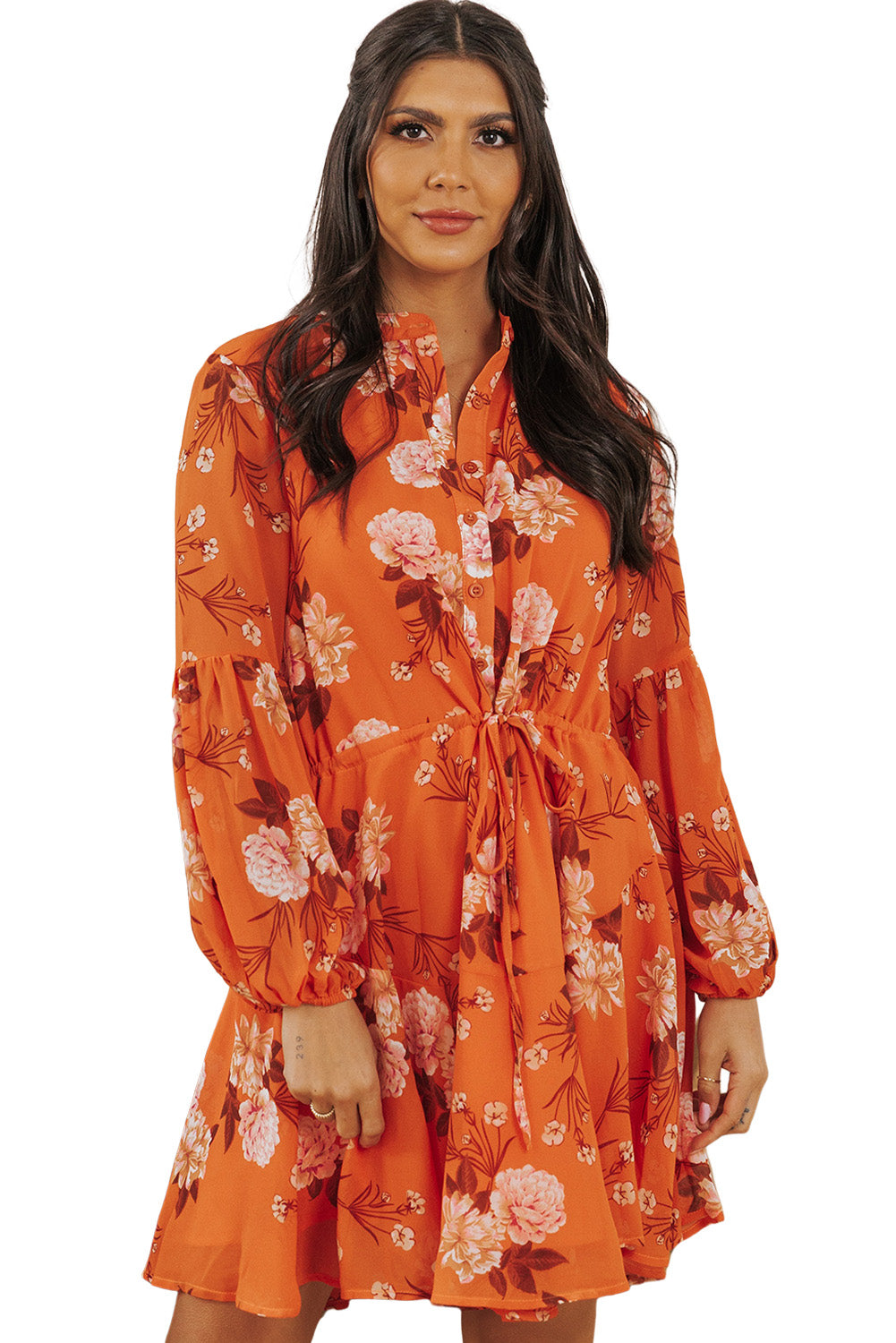 Orange Vintage Floral Print Drawstring Flowy Dress Floral Dresses JT's Designer Fashion