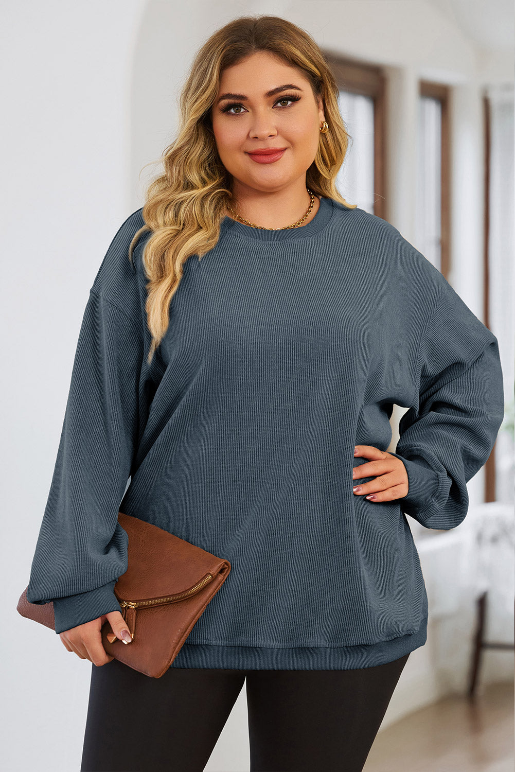 Blue Plus Size Corded Round Neck Sweatshirt Plus Size JT's Designer Fashion