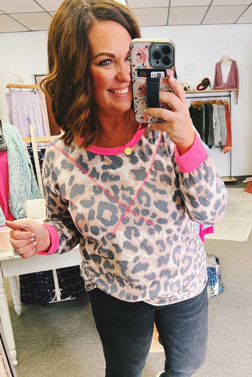 Leopard Contrast Trim Cross-Seam Plus Size Long Sleeve Top Plus Size JT's Designer Fashion