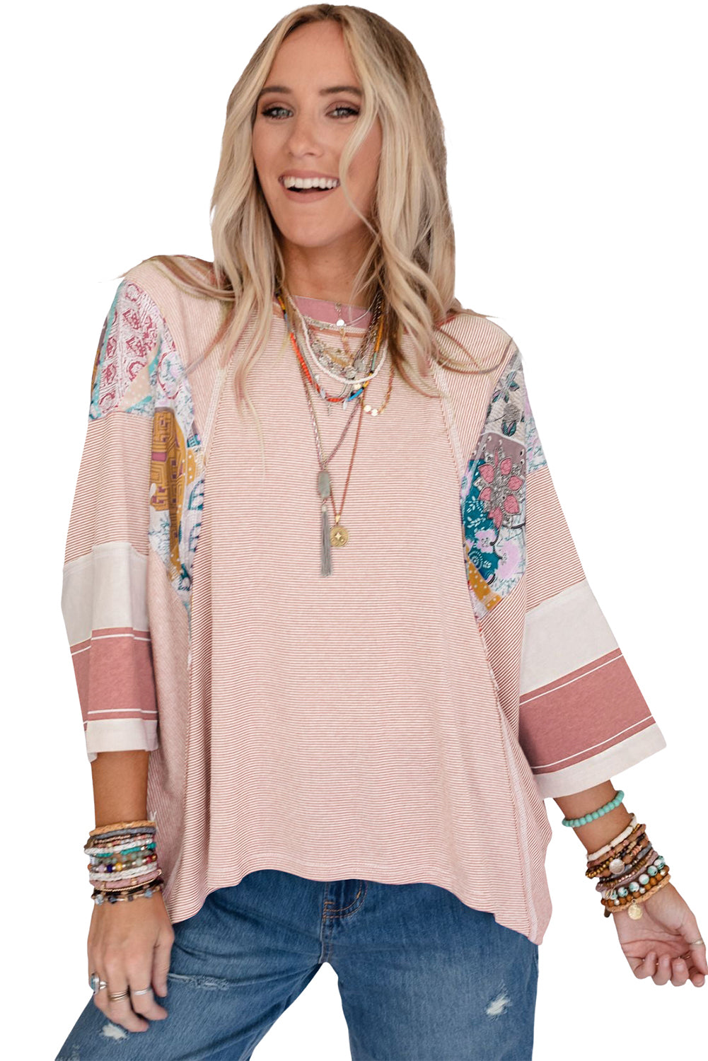 Pink Printed Pinstriped Color Block Patchwork Oversized Top Tops & Tees JT's Designer Fashion