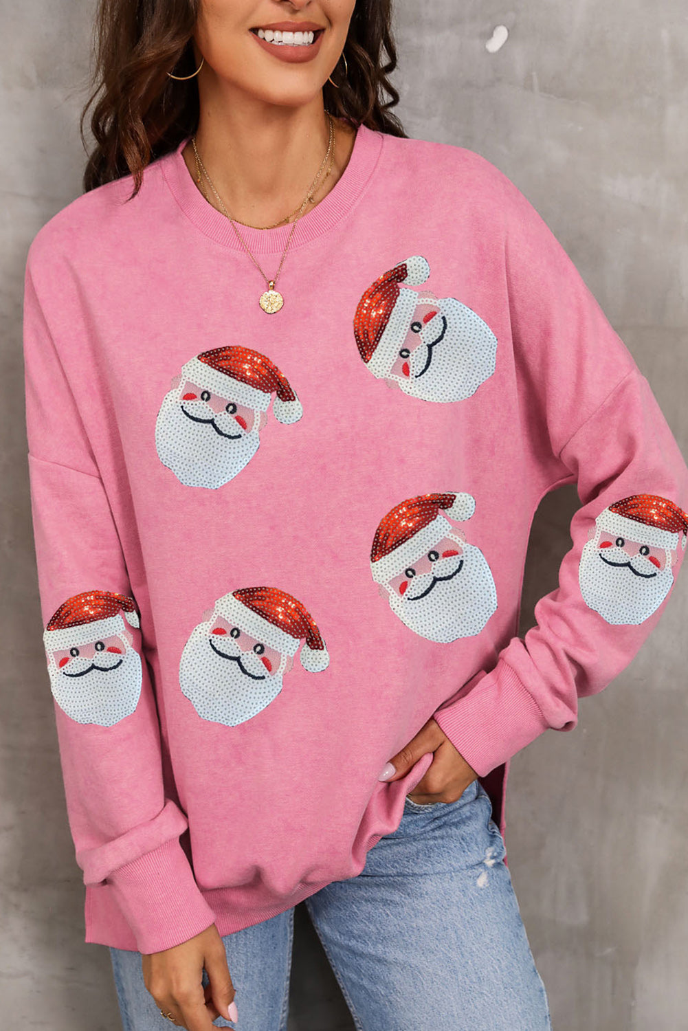 Pink Sequined Santa Clause Graphic Split Sweatshirt Graphic Sweatshirts JT's Designer Fashion