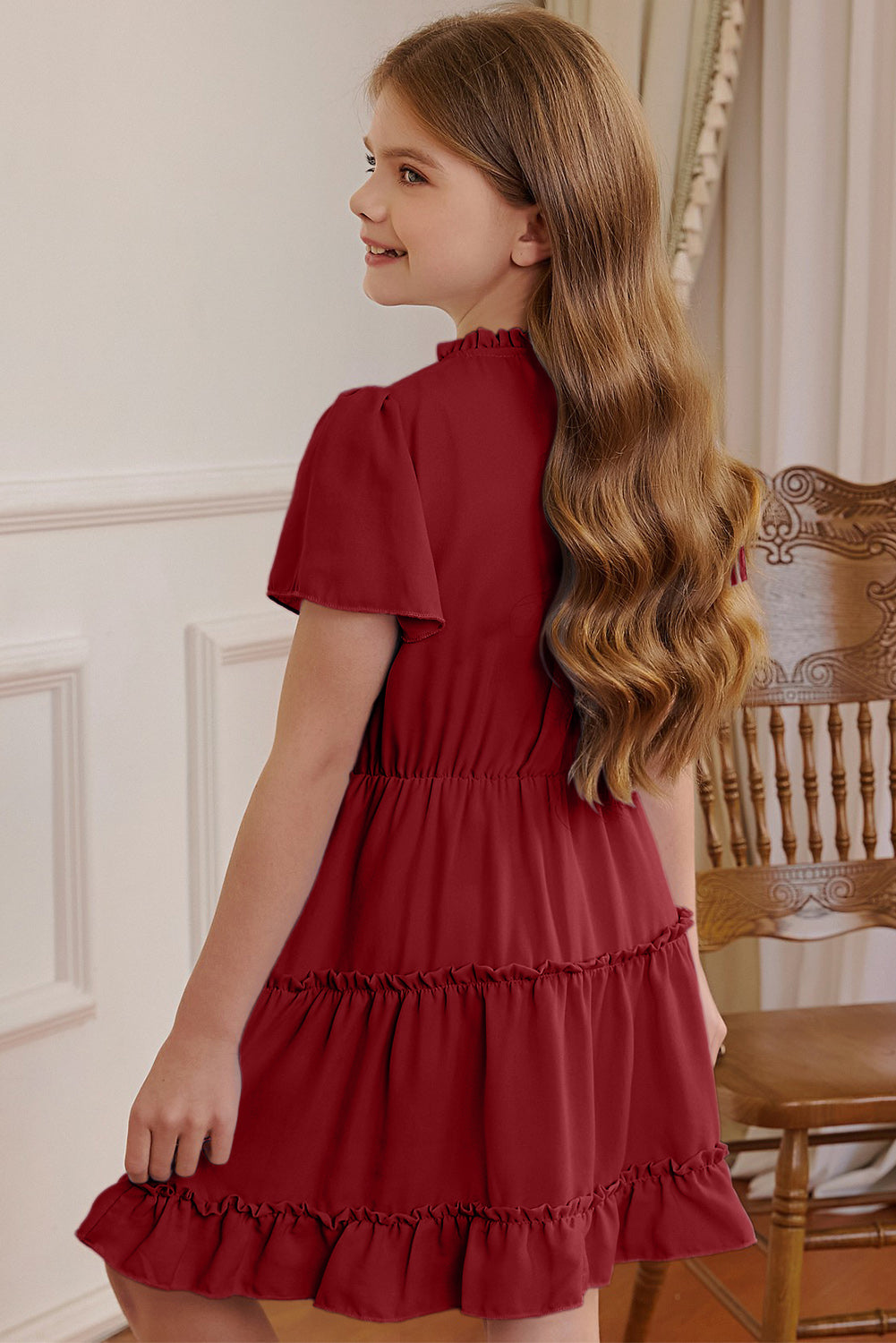 Girls Frilled Notched Neck Puff Sleeve Dress Girls Dresses JT's Designer Fashion