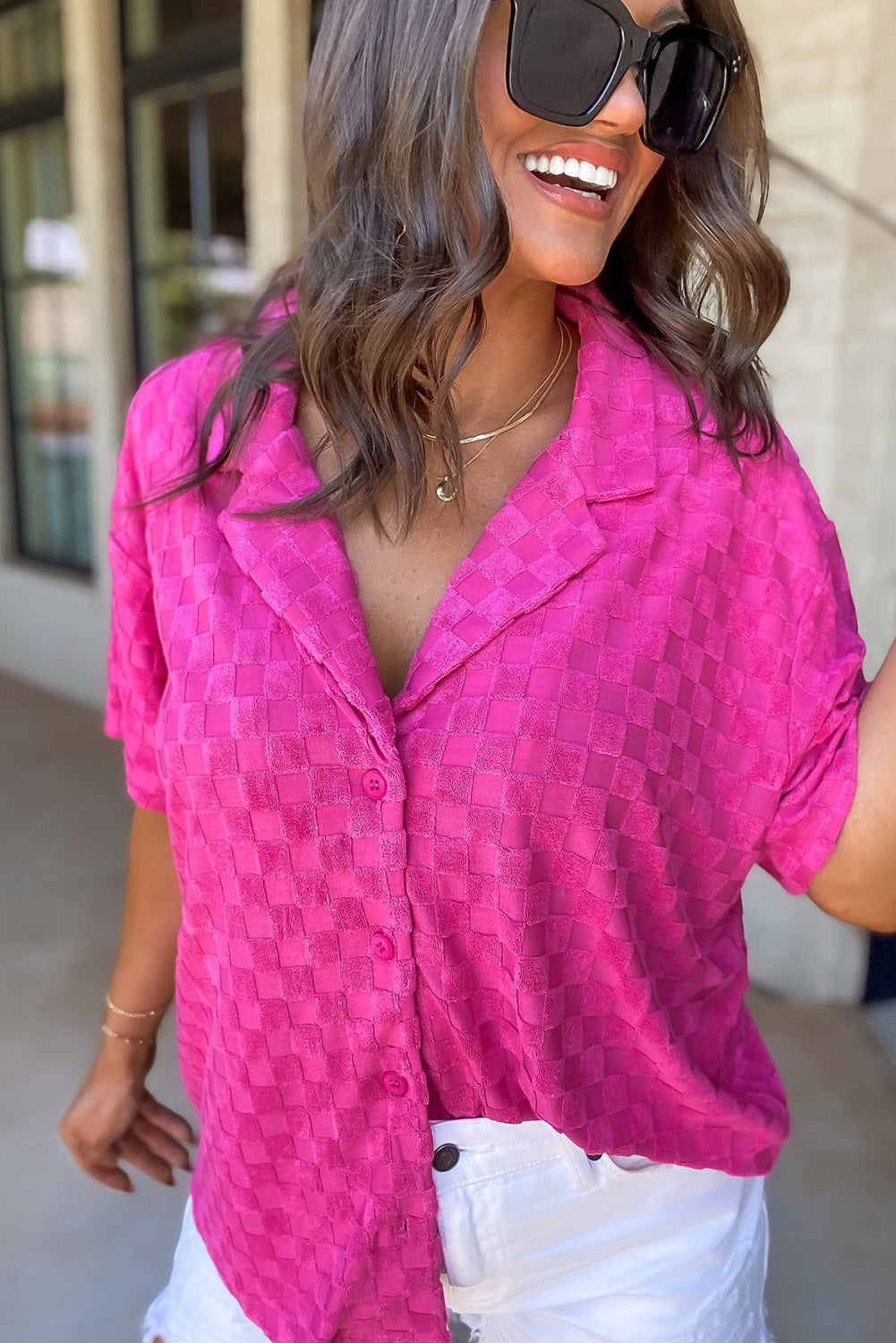 Bright Pink Lapel Neck Checkered Textured Shirt Tops & Tees JT's Designer Fashion