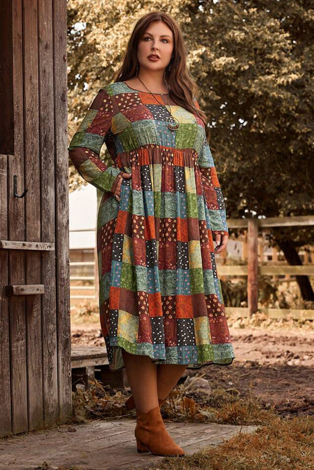 Green Printed Checkered Patchwork Print Plus Size Swing Dress Plus Size JT's Designer Fashion