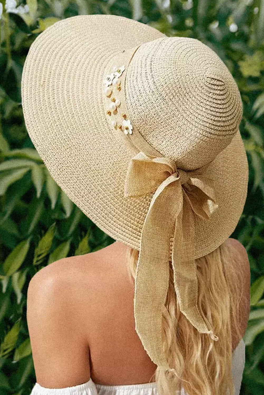 Beige Floral Pearl Bowknot Straw Hat Hats & Caps JT's Designer Fashion