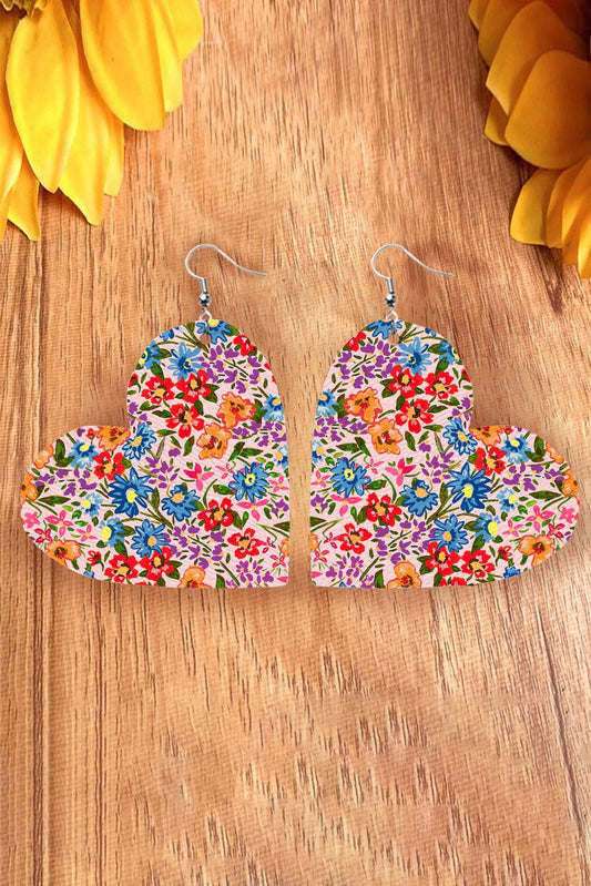 Multicolor Floral Print Heart Pendant Hook Earrings Jewelry JT's Designer Fashion