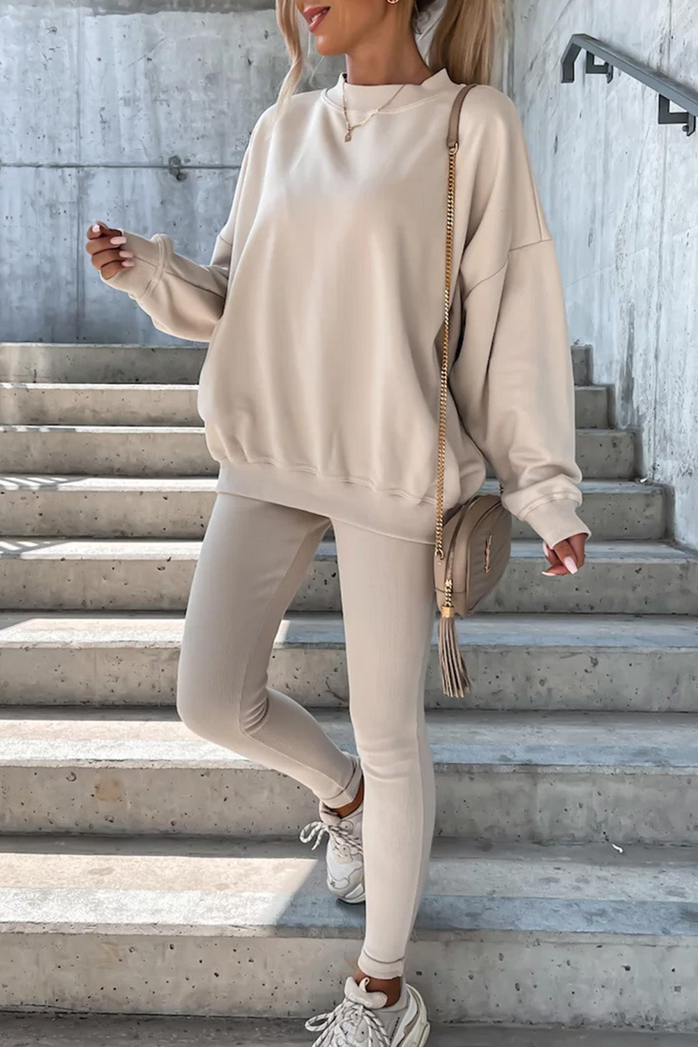 Beige Solid Sweatshirt and Leggings Two Piece Set Bottoms JT's Designer Fashion