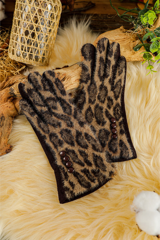 Brown Studded Furry Leopard Gloves Other Accessories JT's Designer Fashion