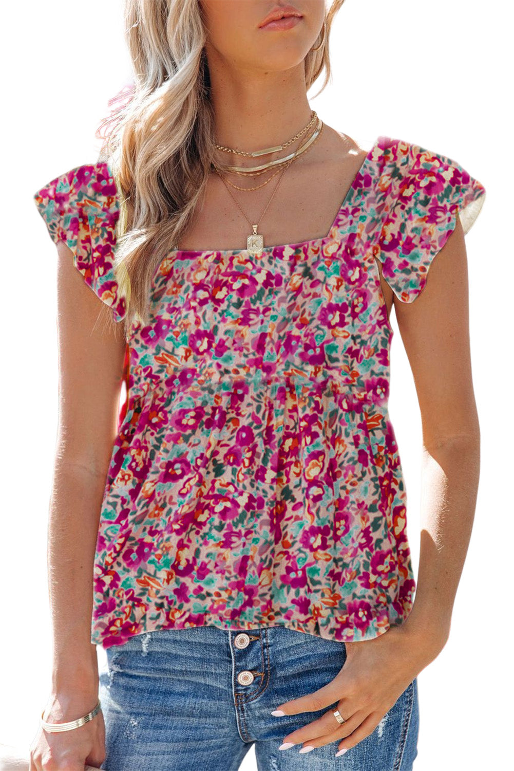 Multicolor Square Neck Floral Tank Top Tank Tops JT's Designer Fashion