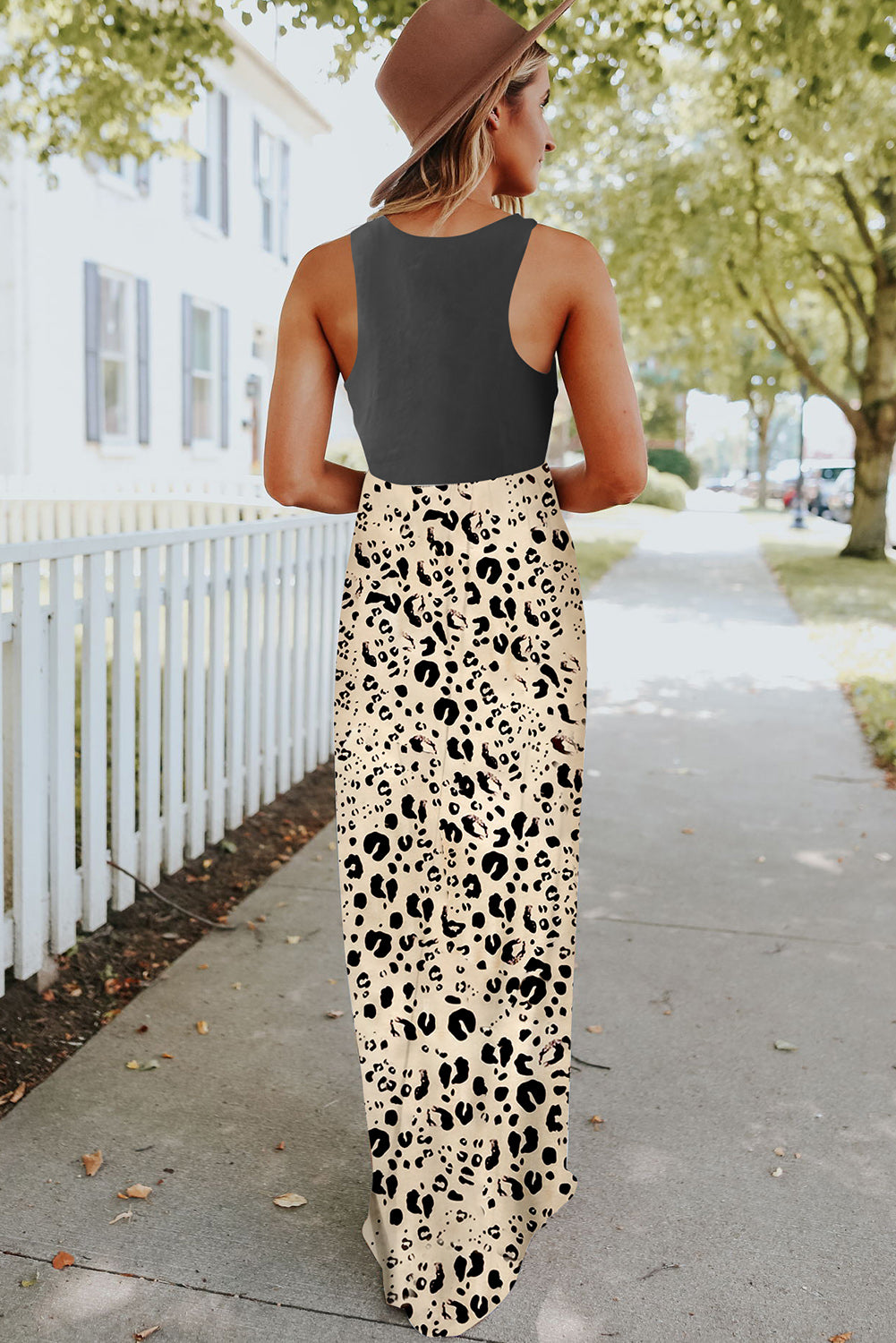 Leopard White Striped Floral Print Sleeveless Maxi Dress with Pocket Dresses JT's Designer Fashion