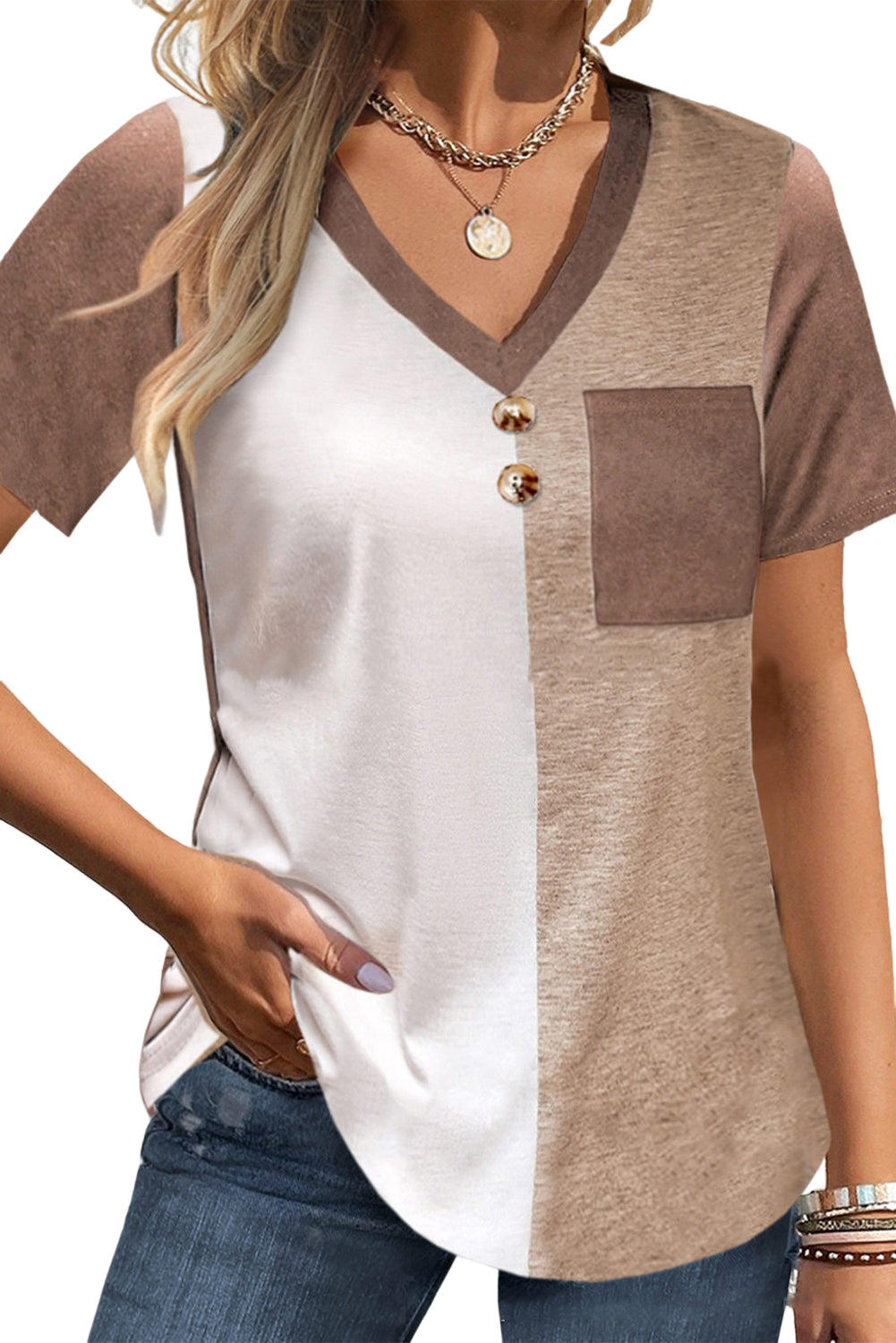 Khaki Color Block Patchwork Button V Neck T-shirt Tops & Tees JT's Designer Fashion