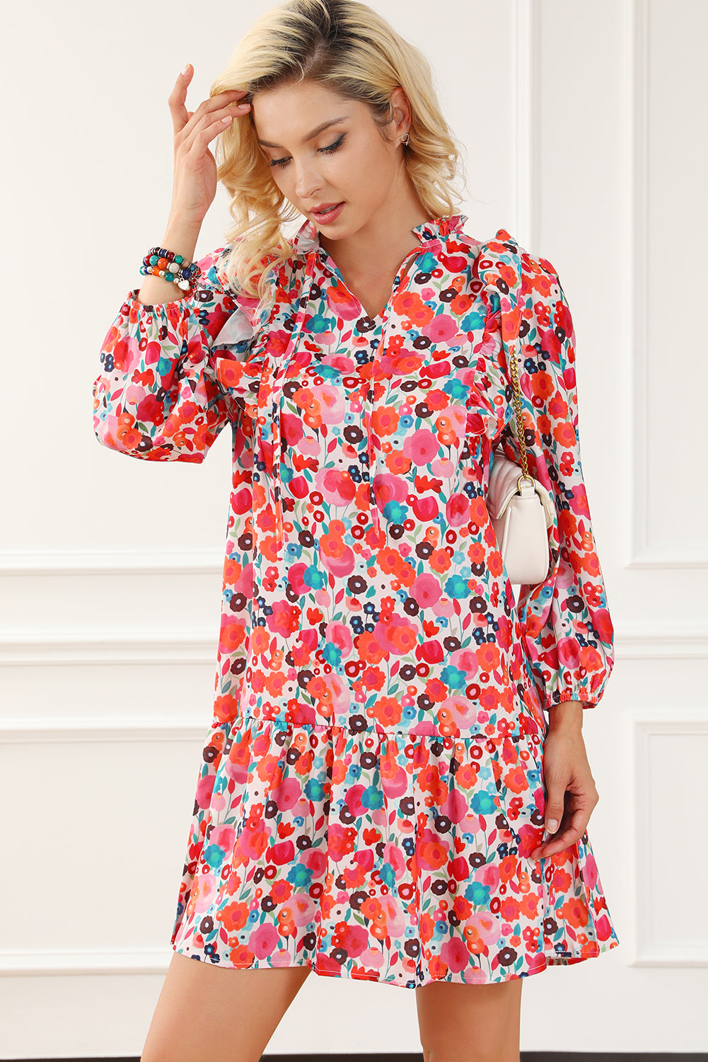 Multicolour Ruffle Split Neck Floral Long Sleeve Dress Floral Dresses JT's Designer Fashion