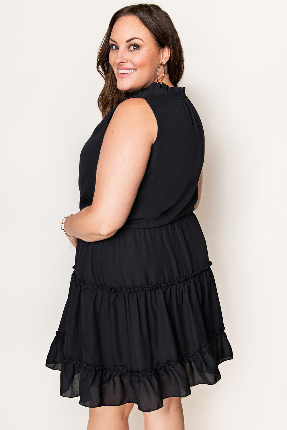 Black Plus Size Drawstring V-Neck Sleeveless Frilled Dress Plus Size JT's Designer Fashion