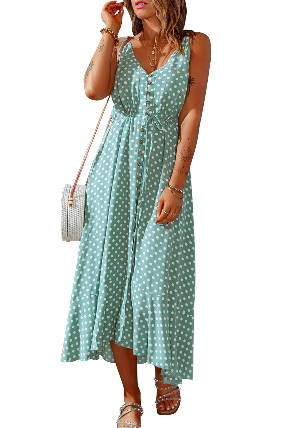 Green Polka Dot Print Split Buttoned V Neck Maxi Dress Maxi Dresses JT's Designer Fashion