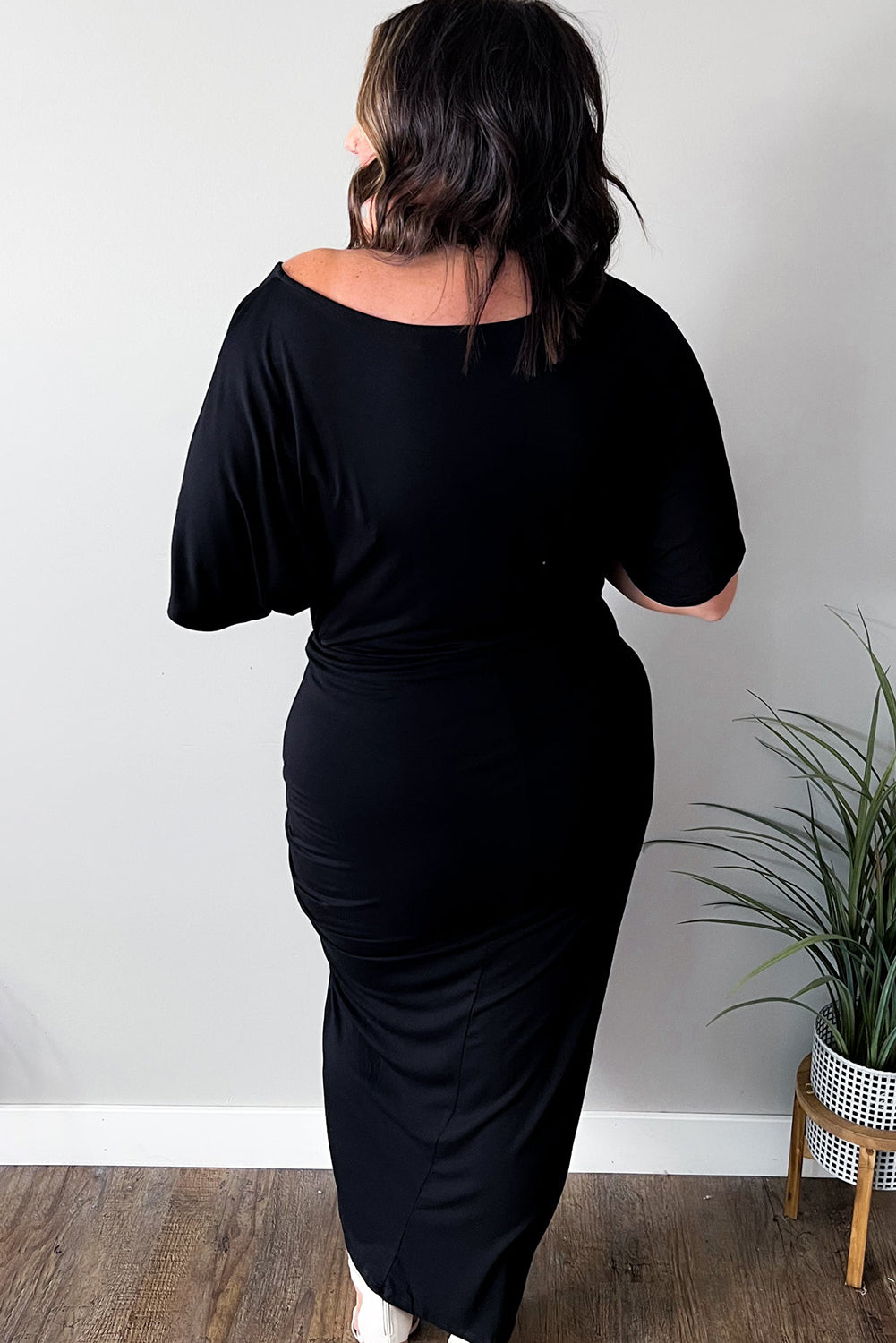 Black Side Split High Waist Short Sleeve Plus Size Maxi Dress Plus Size Dresses JT's Designer Fashion