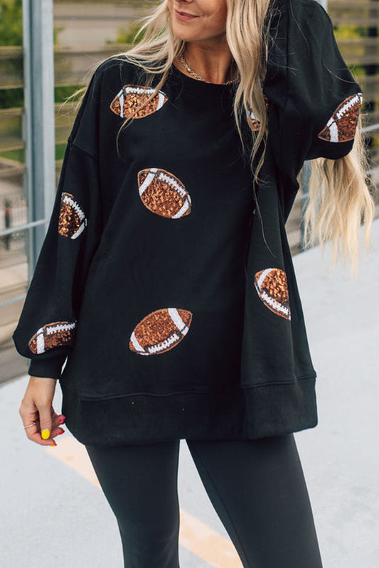 Black Sequin Rugby Graphic Pullover Sweatshirt Pre Order Sweatshirts & Hoodies JT's Designer Fashion