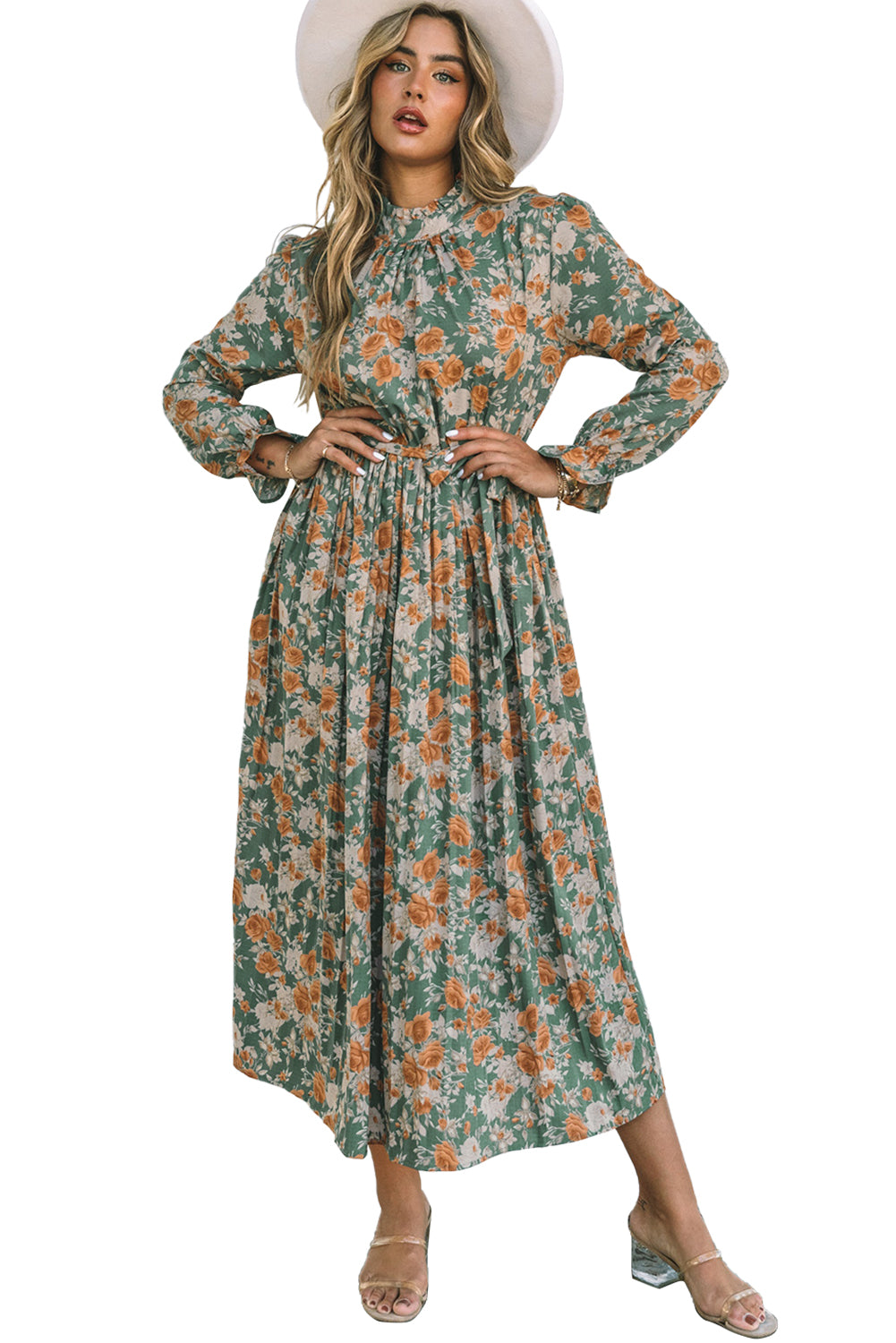 Green Pleated Long Sleeve Maxi Floral Dress with Tie Floral Dresses JT's Designer Fashion