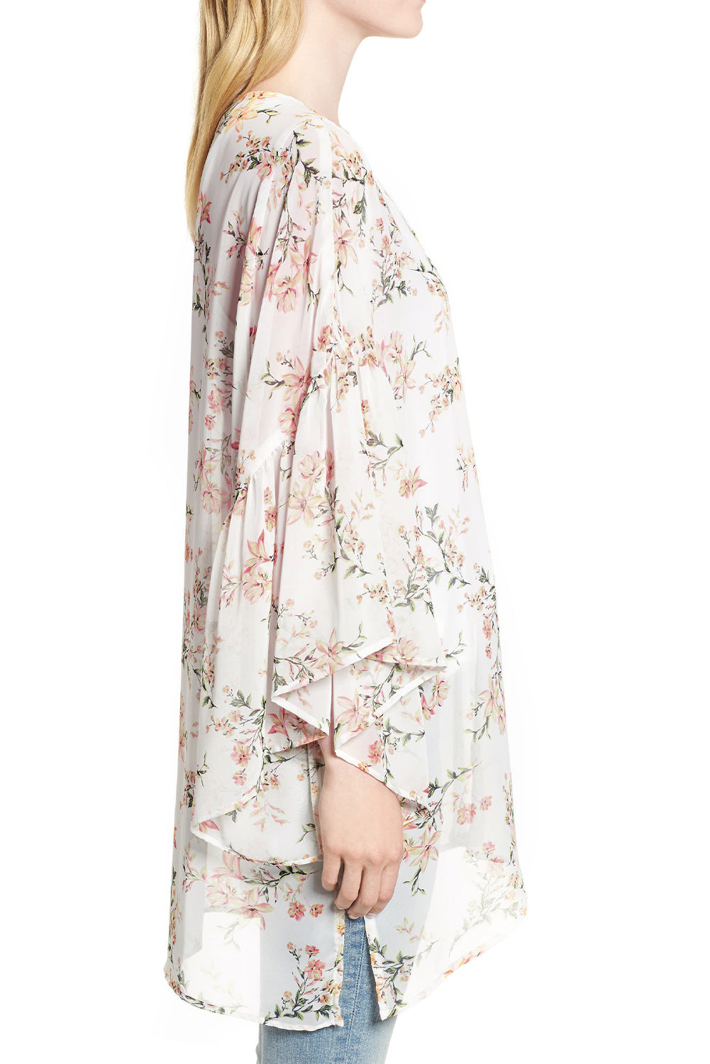 White Floral Print Ruffled Long Sleeves Kimono Kimonos JT's Designer Fashion