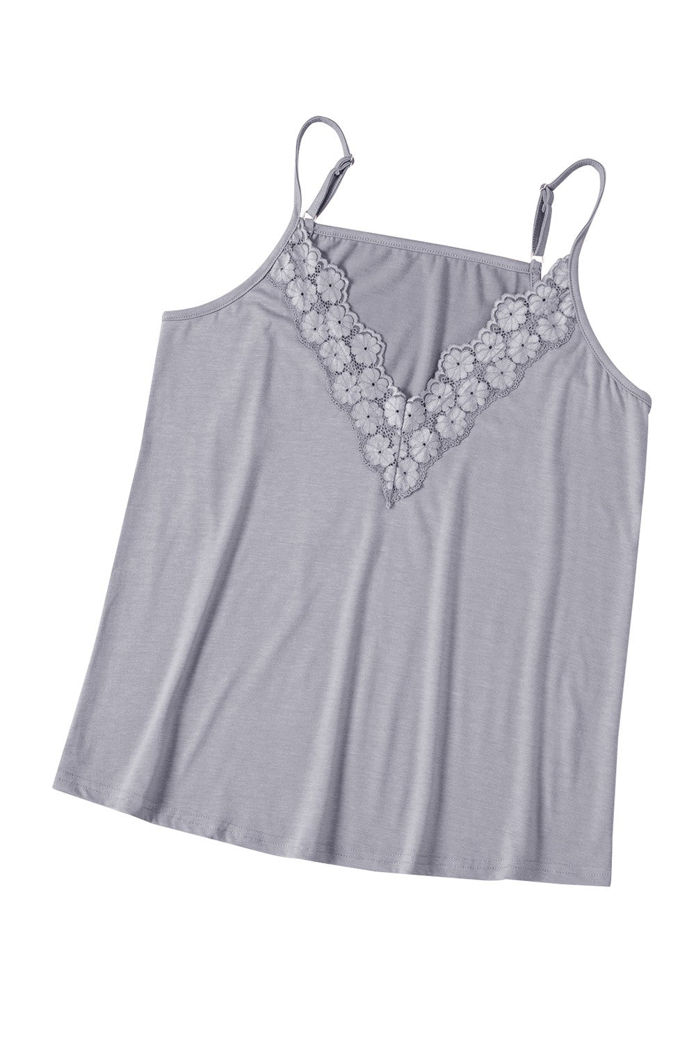 Gray Lace Splicing V Neck Cami Top Tank Tops JT's Designer Fashion