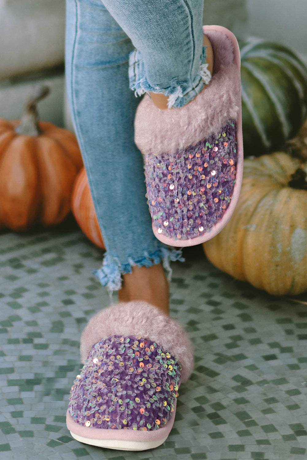 Tillandsia Purple Sequin Furry Indoor Winter Slippers Slippers JT's Designer Fashion