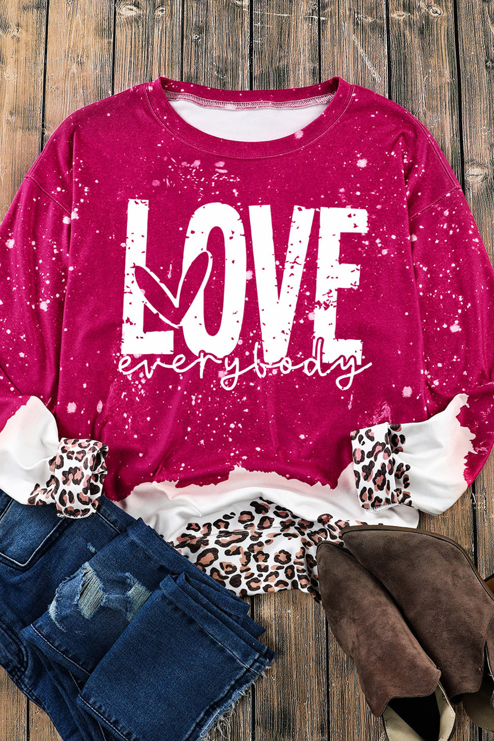 Red LOVE everyday Bleached Leopard Print Sweatshirt Graphic Sweatshirts JT's Designer Fashion