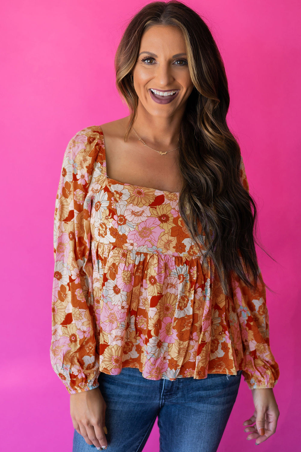 Orange Multicolor Floral Square Neck Puff Sleeve Babydoll Blouse Tops & Tees JT's Designer Fashion