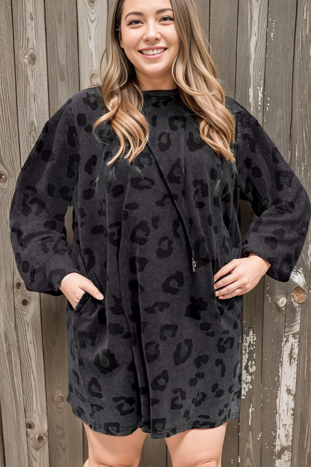 Gray Printed Mineral Wash Leopard Print Long Sleeve Knit Dress Plus Size JT's Designer Fashion