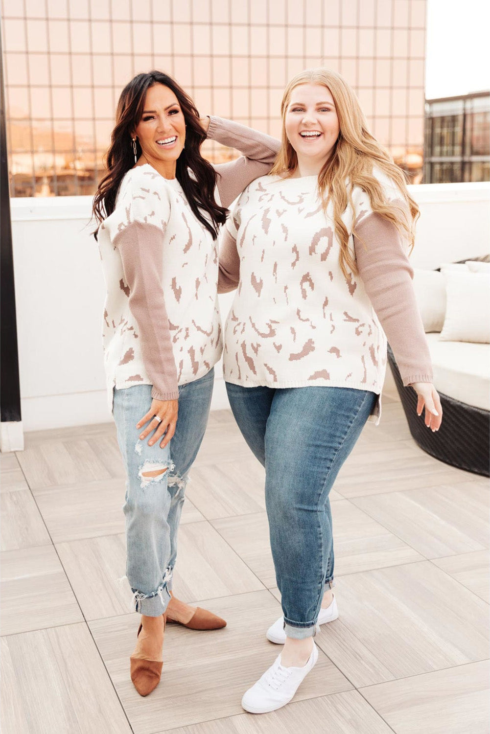 White Leopard Spots Knitted Contrast Sleeved Plus Size Sweater Plus Size JT's Designer Fashion