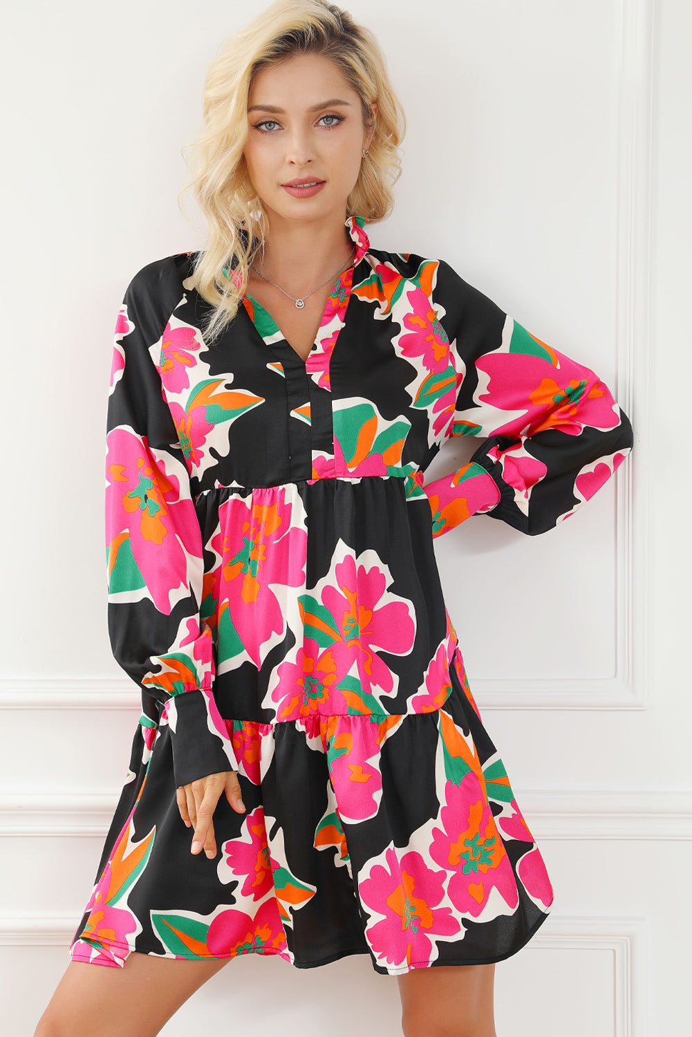 Multicolour Frill Collar Split Neck Long Sleeve Floral Dress Floral Dresses JT's Designer Fashion