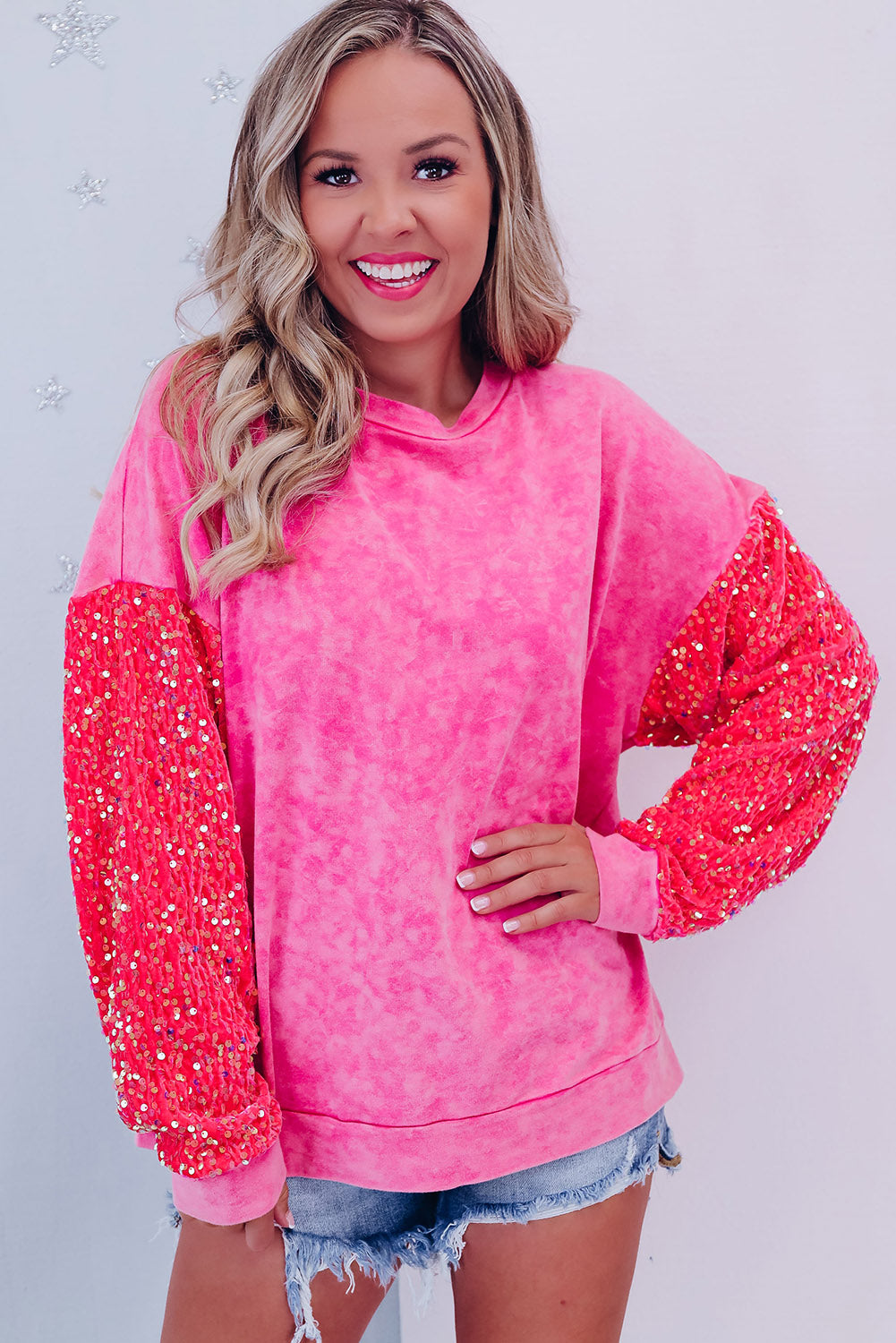 Strawberry Pink Sequin Sleeve Contrast Mineral Washed Sweatshirt Pre Order Sweatshirts & Hoodies JT's Designer Fashion