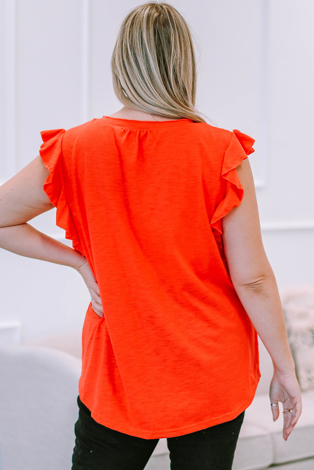 Orange White White V Neck Ruffle Sleeve Plus Size Top Plus Size JT's Designer Fashion