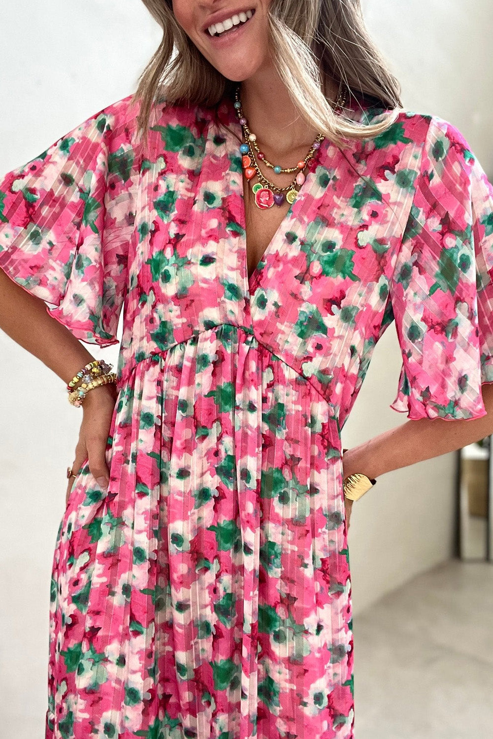 Pink Wide Sleeves Floral Print Maxi Dress Maxi Dresses JT's Designer Fashion