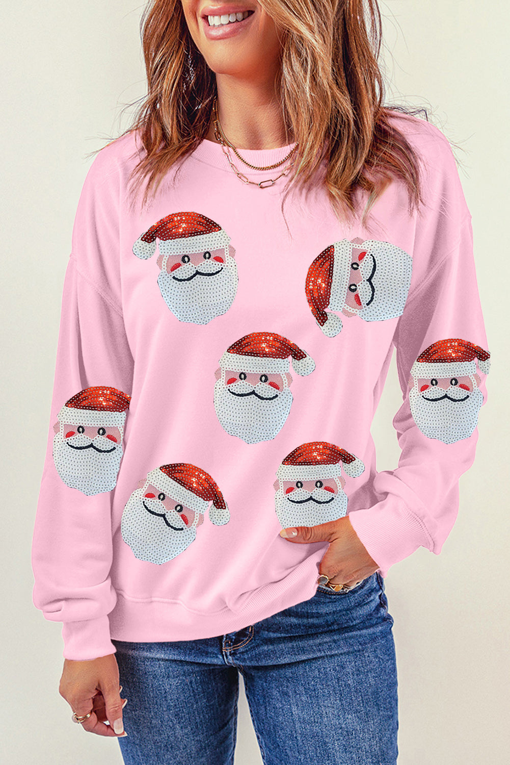 Pink Fiery Santa Claus Sequin Graphic Sweatshirt Graphic Sweatshirts JT's Designer Fashion