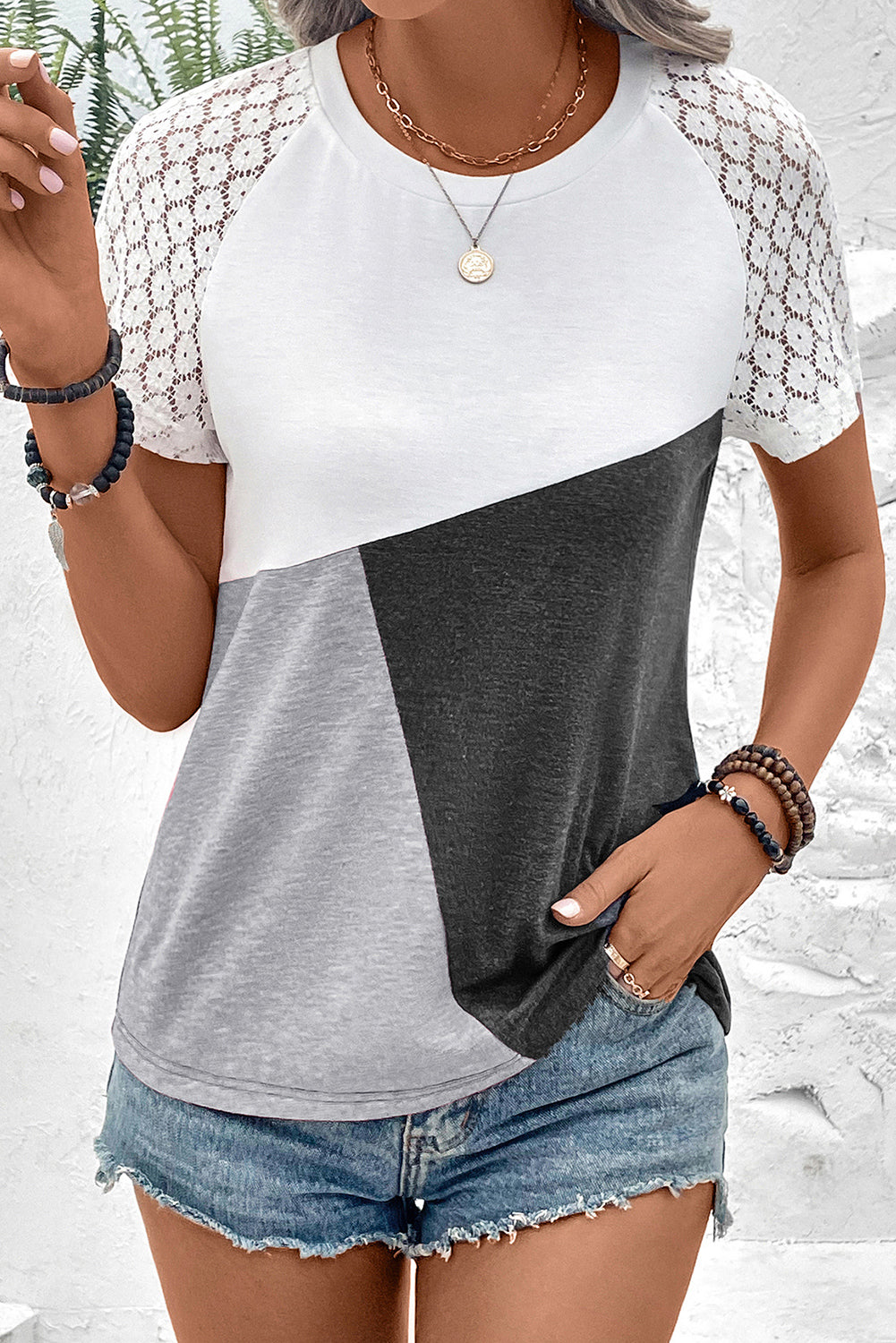 Gray Color Block Lace Patchwork Short Sleeve T Shirt Tops & Tees JT's Designer Fashion