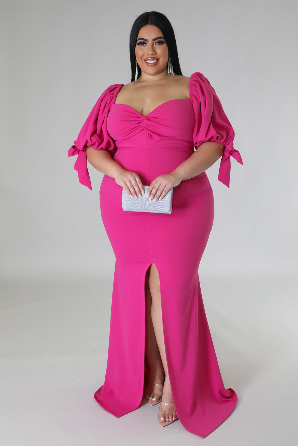 Rose Bow Tie Puff Sleeve Plus Size High Slit Maxi Dress Plus Size JT's Designer Fashion