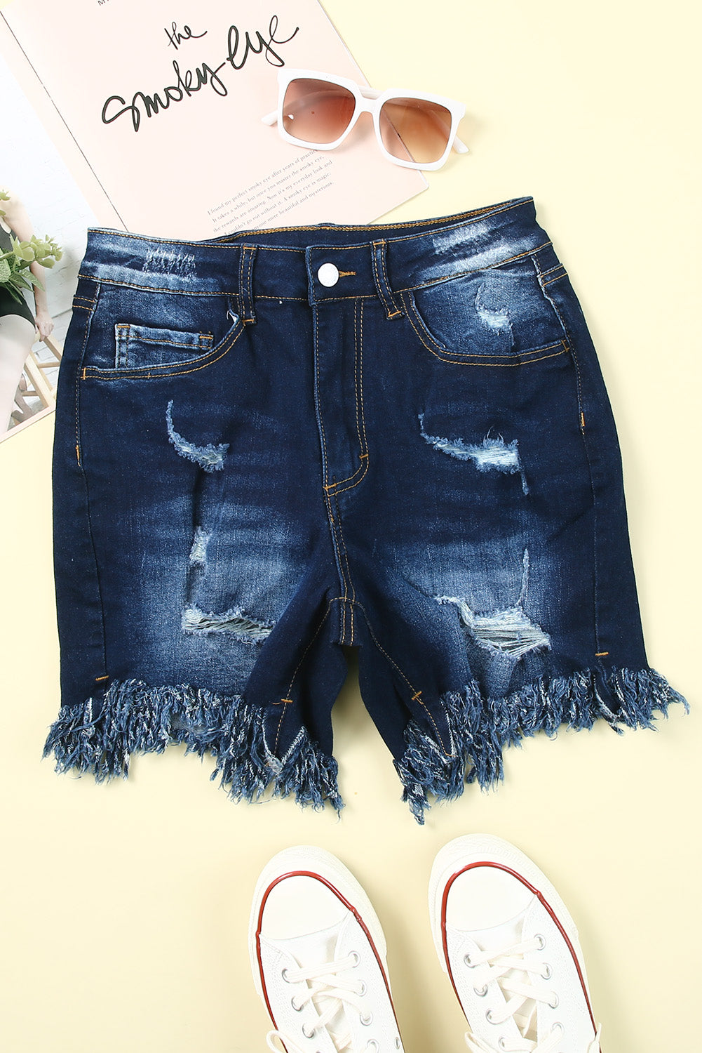 Blue High Waist Distressed Skinny Fit Denim Shorts Denim Shorts JT's Designer Fashion