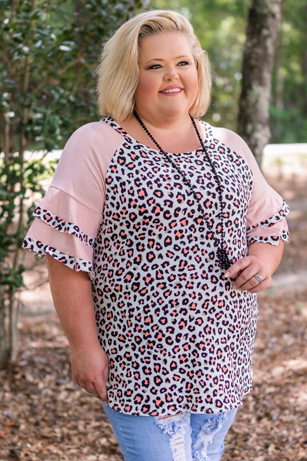 Pink Plus Size Ruffle Raglan Sleeve Leopard Top Plus Size JT's Designer Fashion