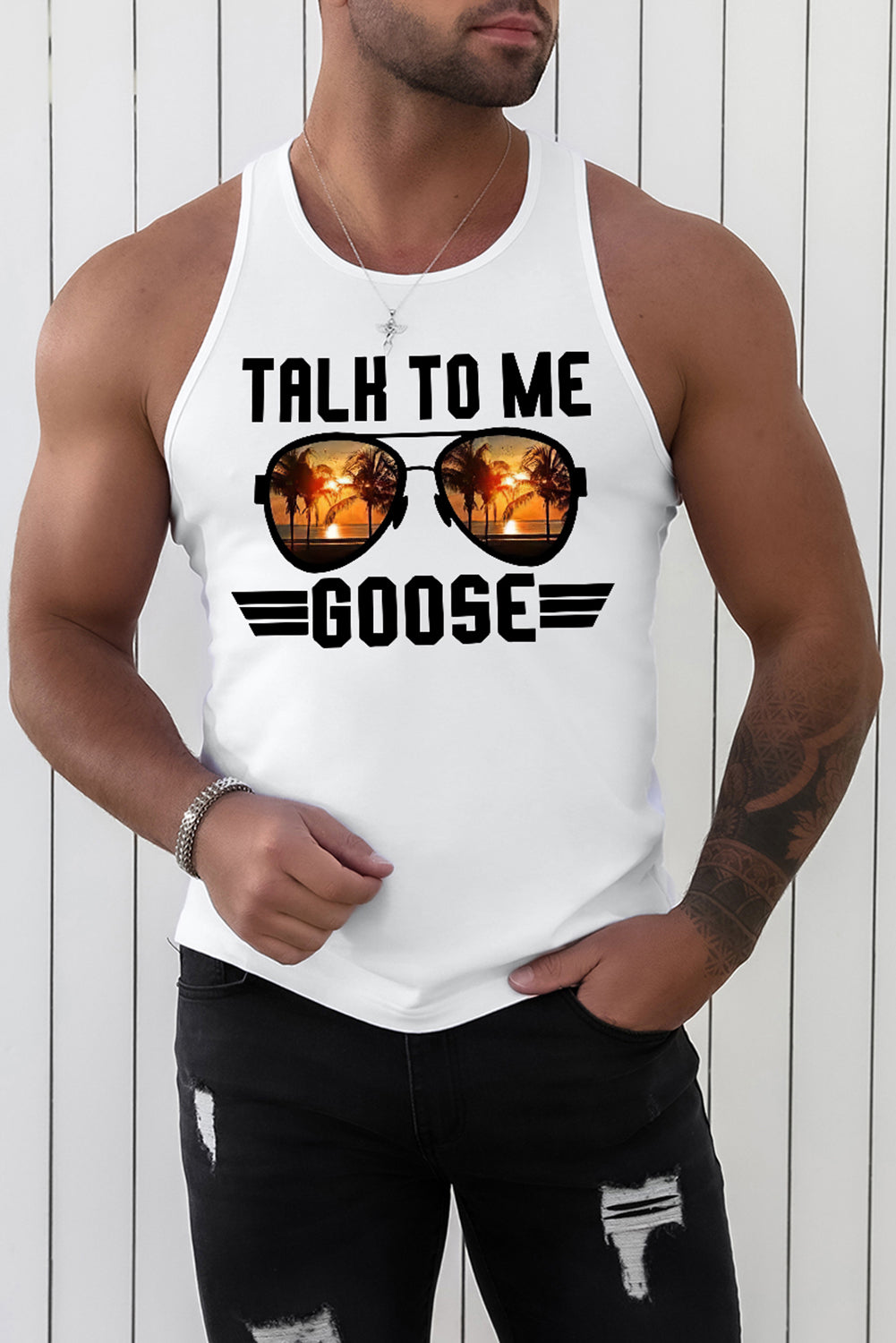 White Talk to Me Goose Beach Scenery Sunglasses Graphic Tank Top White 62%Polyester+32%Cotton+6%Elastane Men's Tops JT's Designer Fashion