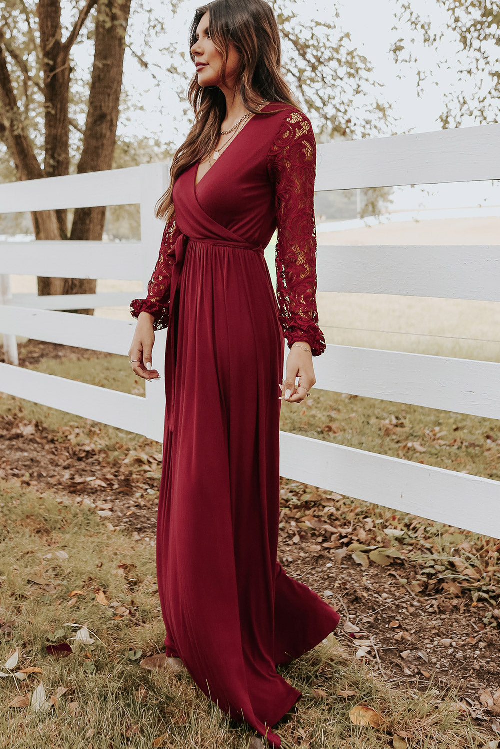 Red Lace Sleeve Faux Wrap Belted Maxi Dress Maxi Dresses JT's Designer Fashion