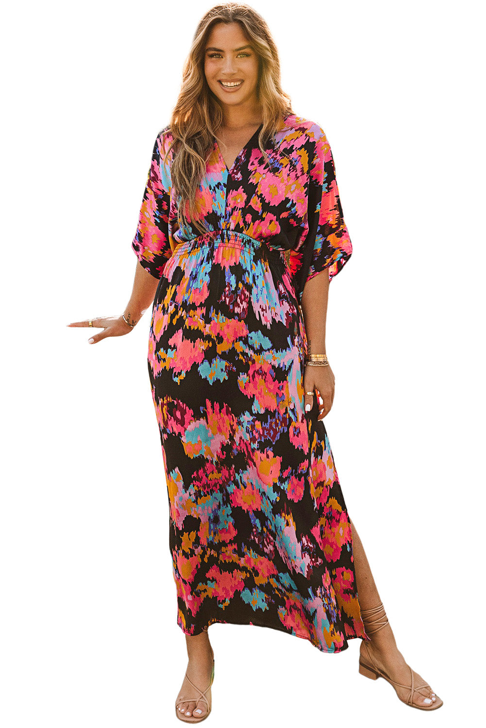 Multicolor Abstract Print V Neck Dolman High Waist Maxi Dress Maxi Dresses JT's Designer Fashion