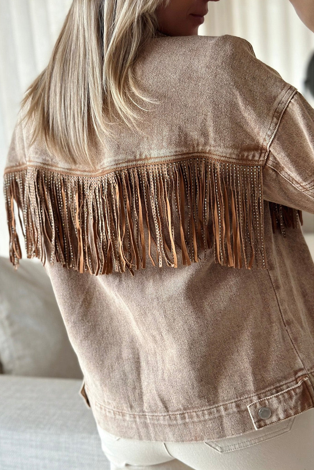 Brown Rhinestone Fringed Cowgirl Fashion Denim Jacket Denim jackets JT's Designer Fashion