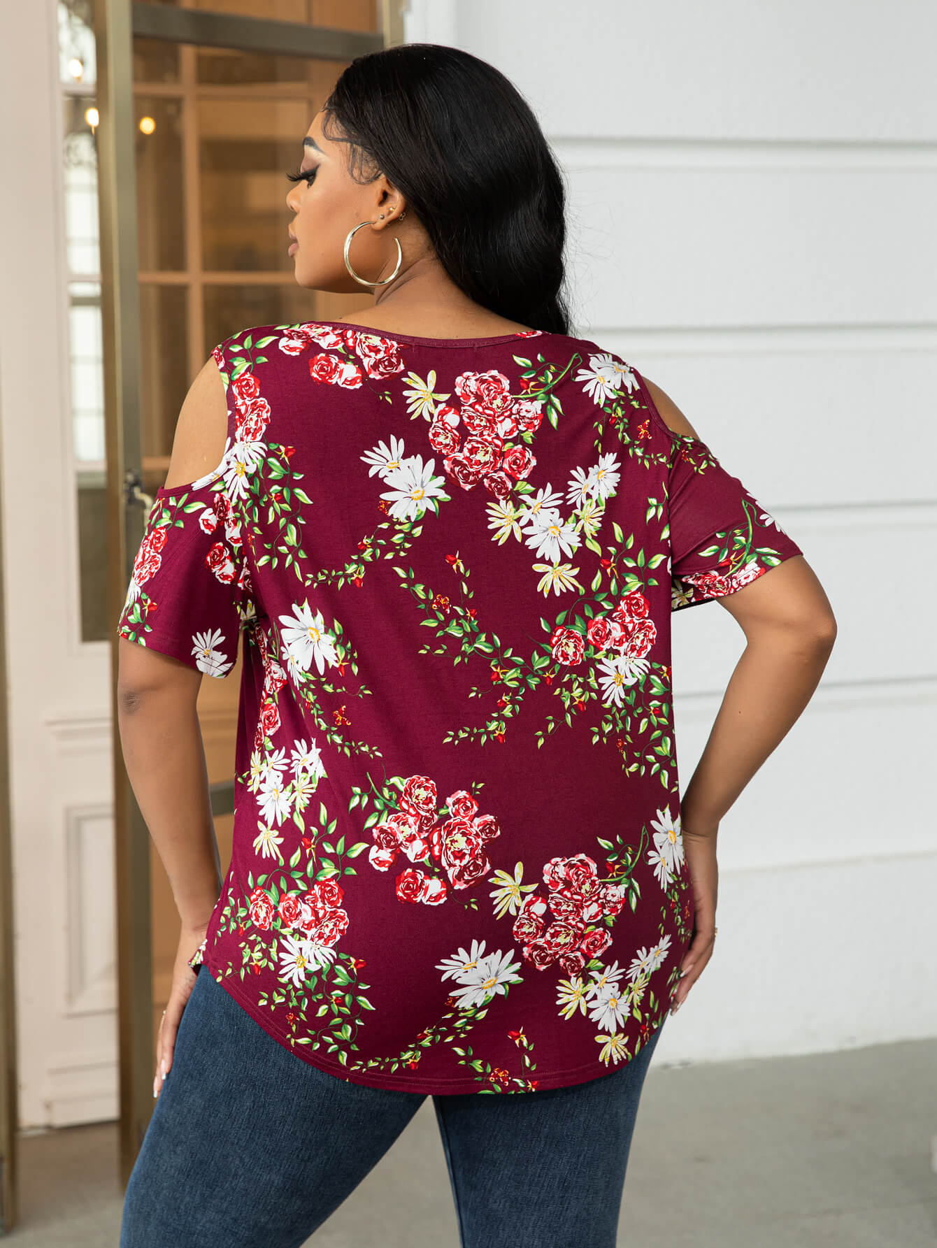 Plus Size Cold-Shoulder Round Neck Curved Hem Tee Plus Size Tops JT's Designer Fashion