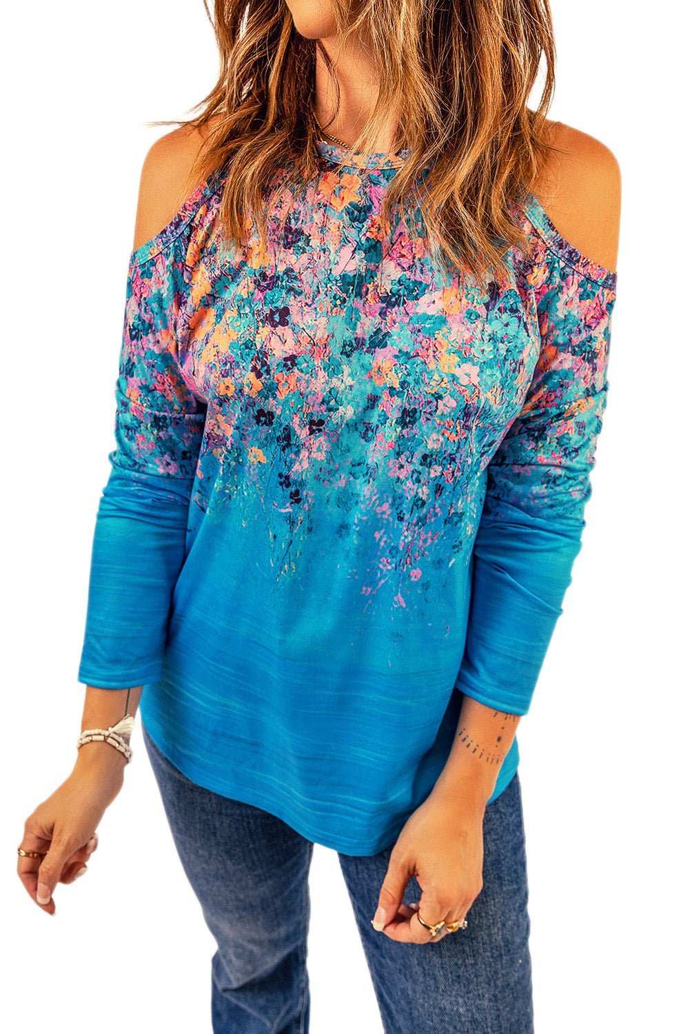 Sky Blue Floral Print Cold Shoulder Top Long Sleeve Tops JT's Designer Fashion