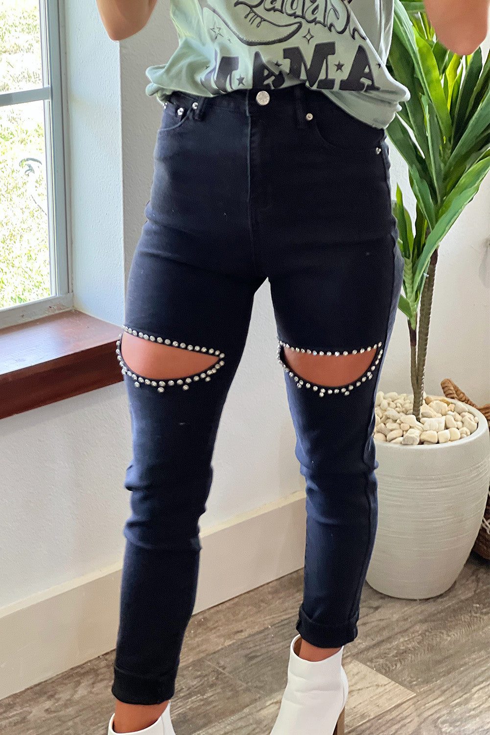 Black Rhinestone Cutout Skinny Jeans Jeans JT's Designer Fashion