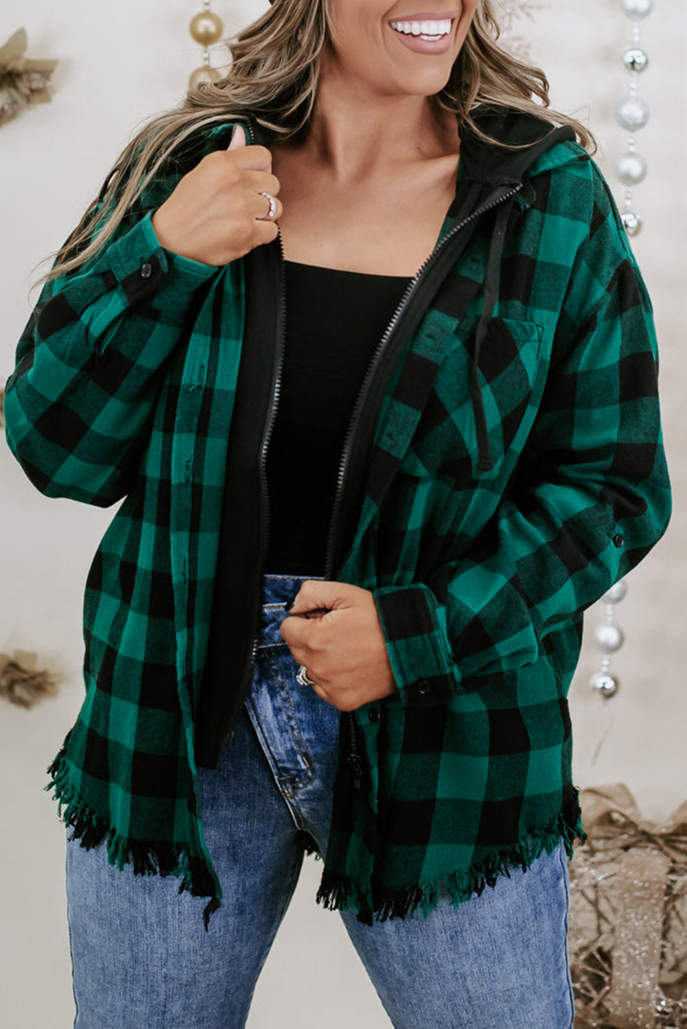 Blackish Green Plus Size Plaid Hooded Distressed Zip-Up Jacket Plus Size JT's Designer Fashion