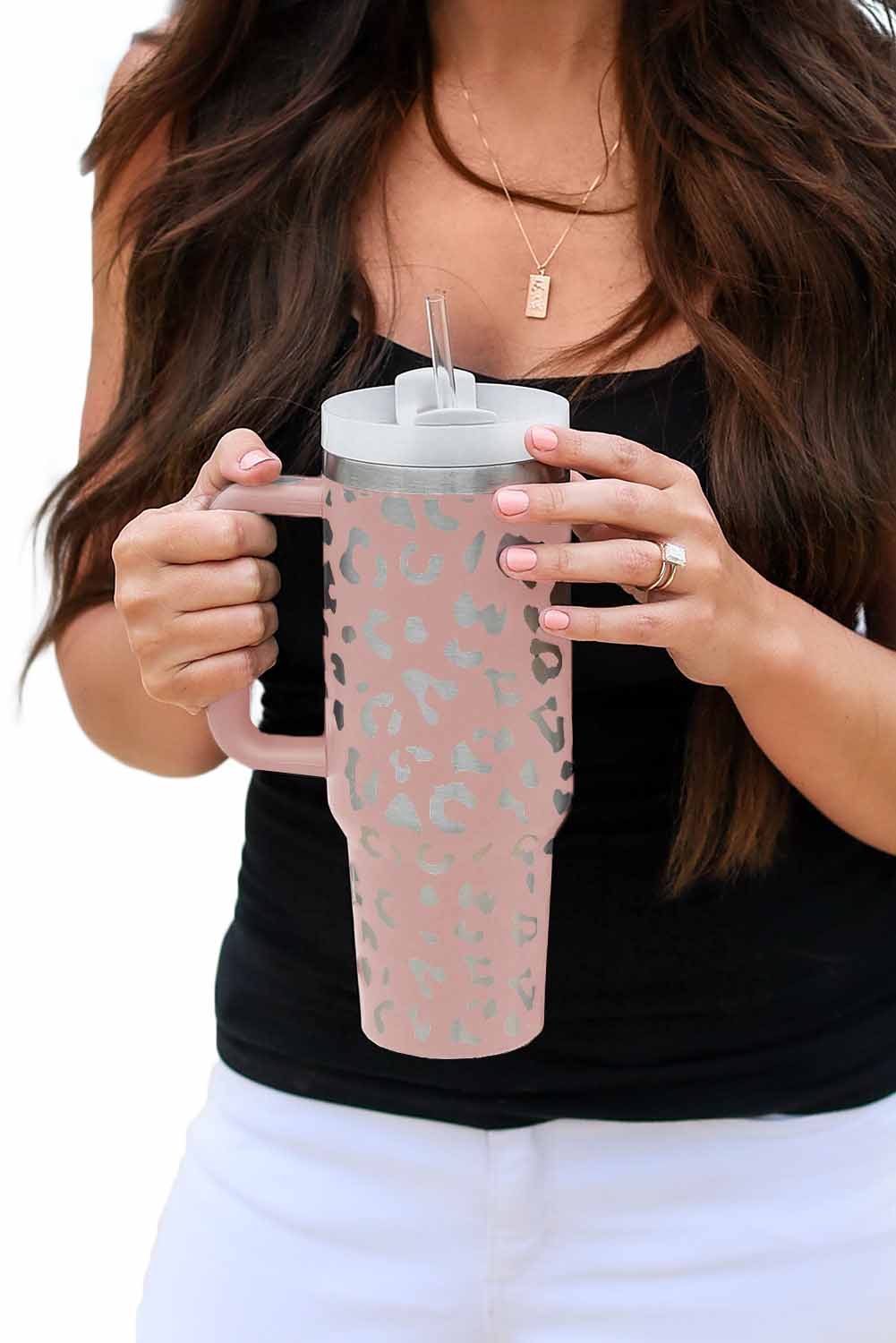 Pink Leopard Print 40OZ Stainless Steel Portable Cup with Handle Tumblers JT's Designer Fashion