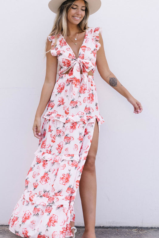 Pink Floral Print Front Knot Side Slit Dress Floral Dresses JT's Designer Fashion