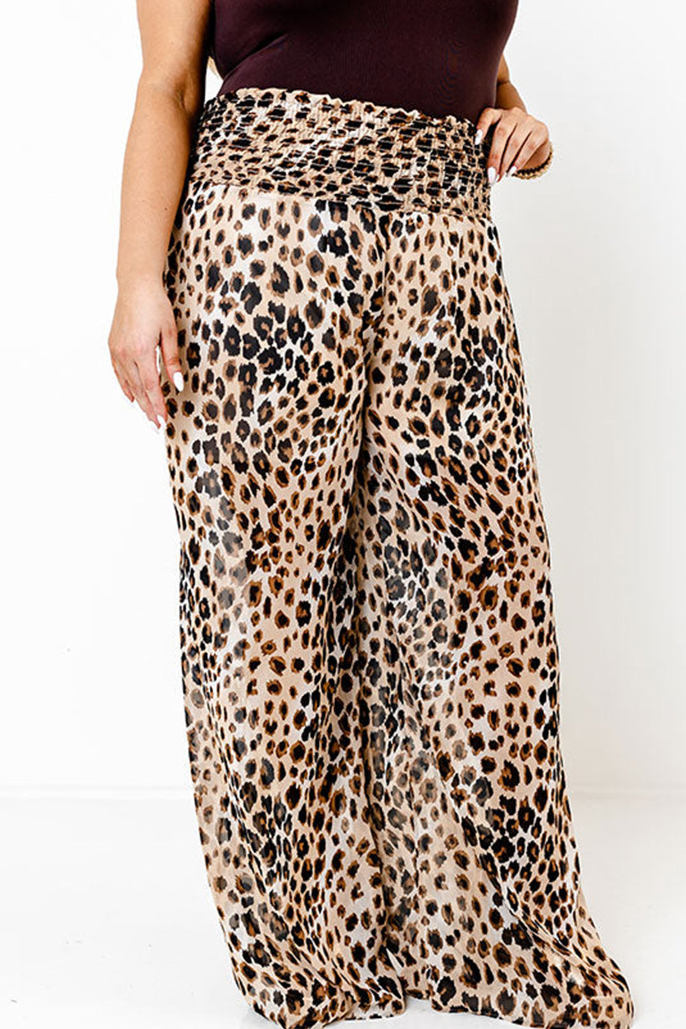 Khaki Plus Size Leopard Frilled Waist Wide Leg Pants Plus Size JT's Designer Fashion